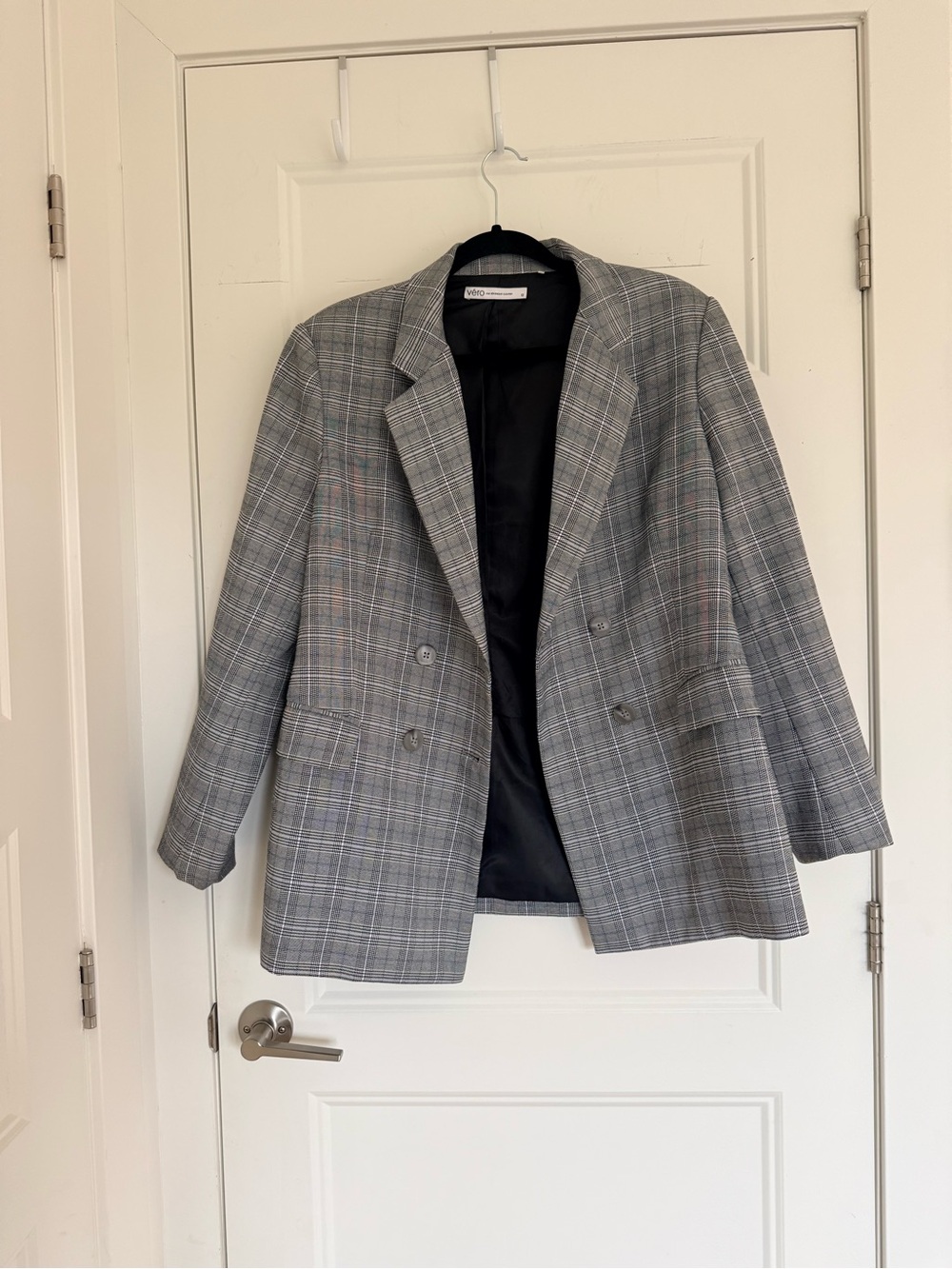 Grey Plaid Double-Breasted Blazer